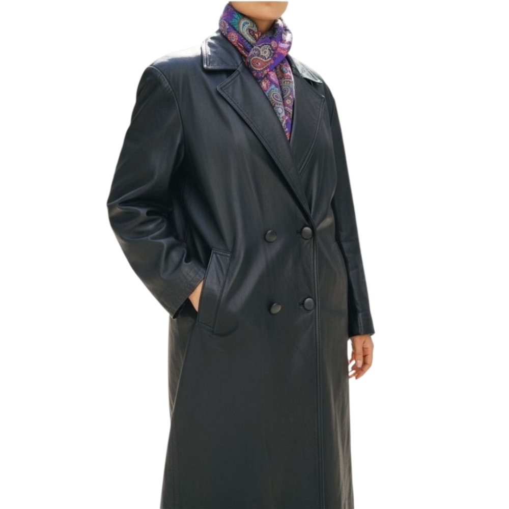 Donna Pelle Leather Black Trench Coat. Size Medium.